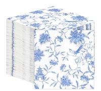 Table Kind 100 x Bulk Pack Soft Blue Chinoiserie Paper Napkins, Dispos
