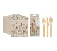 Table Kind 100 x Soft Recycled Paper Napkins Daisy Floral Bee Disposable Party Serviettes & Wooden Cutlery - 8 x Knives, Forks, Spoons