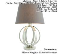 Table Lamp Bright Nickel & Charcoal Grey Cotton 40W E27 Bedside Light