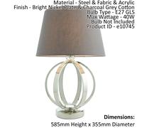 Table Lamp Bright Nickel & Charcoal Grey Cotton 40W E27 Bedside Light
