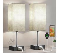 Table Lamp for Bedroom Set of 2, Bedside Lamps with 3 Color Temperatures Night Light, Lamp for Night Stands with AC Outlet and Square Shade, Pull Chain Small Desk Lamp for Living Room Home Decor