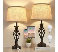 Table Lamp for Bedroom Set of 2 with USB C+A Ports, Modern Bedside Lamps with Spiral Cage Base, Fabric Shade, Nightstand Lamp for Living Room Reading Bed Side End Table, 2 LED Bulbs Included Black