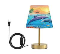 Table Lamp for Living Room Bedroom Undersea Dolphin Bedside Lamps for Nightstand 3 Color Dimming Up Flaxen Fabric Shade for Reading Office Dorm