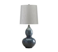 Table Lamp Textured Blue Reactive Glaze Light Grey Faux Silk Shade LED E27 60W