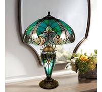 Table Lamp with Night Light 16 inch Wide Handmade Stained Glass Lamp Victorian Style Sea Green & Amber Yellow Table Light Antique 2 Light Baroque Desk Lamp for Home and Office,Green