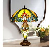 Table Lamp with Night Light 16 inch Wide Handmade Stained Glass Lamp Victorian Style Sea Green & Amber Yellow Table Light Antique 2 Light Baroque Desk Lamp for Home and Office,Yellow