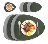 Table Mats Irregular Shape PU Leather Placemats Set Oil-Proof Waterproof Dual-Sided Place Mats for Kitchen Bistro Tables Bars Coffee Shops(Grey Green,Set of 4)
