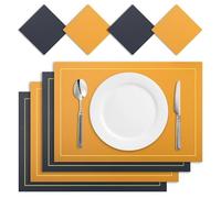 Table Mats,Placemats,Place Mats Set Of 4/8 Faux Leather Placemats Waterproof Heat Resistant Rectangular PU Place Mats For Christmas Dining Tableware Pads Set(Blue and Yellow,8xPlacemat 8xCoaster)