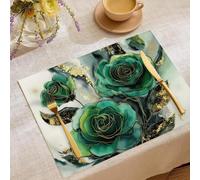Table Mats Set of 4 Cotton Linen Placemats, Elegant Green Flowers Print Placemats, Marble Graffiti Rectangle Party Kitchen Dining Table Mats,Spring Summer Wedding Decoration
