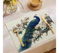 Table Mats Set of 4 Cotton Linen Placemats, Plum Blossoms Tree Branches Print Placemats, Elegant Blue Peacock Rectangle Party Kitchen Dining Table Mats,Spring Summer Wedding Decoration