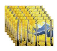 Table Mats Set of 4 Washable Autumn Forest Placemats Heat Resistant Non-slip Poplar Forest Place Mats Easy to Clean for Kitchen Dinning Restaurant, Yellow