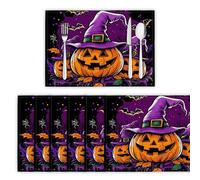 Table Mats Set of 4 Washable Cartoon Doodles Placemats Heat Resistant Non-slip Witch Hat Pumpkin Place Mats Easy to Clean for Kitchen Dinning Restaurant, Purple