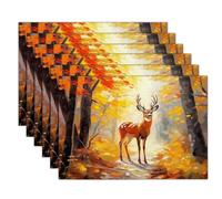 Table Mats Set of 6, Deer Oil Painting Heat Resistant Placemats Autumn Forest Washable Non-slip Place Mats Table for Kitchen Dinning Restaurant Decor 18"X12", Yellow-Brown