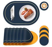 Table Mats Set of 6, Dual Sided PU Leather Placemats and Coaster Sets 6, Heat Resistant Non-Slip Oval Place Mats for Table, Washable Wipeable Placemat for Dining Party Outdoor (Navy Blue and Yellow)