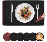 Table Mats Set of 6, Large PU Leather Placemats and Coaster Sets 6, Place Mats Heat Resistant Washable Wipe Clean, Non-Slip Square Table Placemats Set of 6, for Dining Party Home Restaurant, Black Red