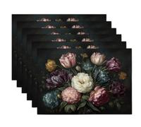 Table Mats Set of 6, Melancholy Bouquet Heat Resistant Placemats Dutch Masters Style Washable Non-slip Place Mats Table for Kitchen Dinning Restaurant Decor 18"X12", Black