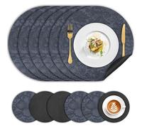 Table Mats Set of 6, Round Leather Floral Placemats and Coasters Heat-Resistant Waterproof Non Slip, Wipeable Washable Dual Sided Place Mat 34cm Easy to Clean for Kitchen Dinning Restaurant,Blue Black