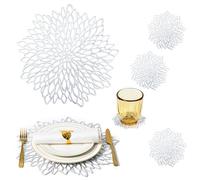 Table Mats Set of 6 Silver Charger Plates Silver Round Placemats Place Mats & 6 Pcs Coasters Holiday Modern Wipeable Vinyl Placemats Kitchen Dinner Christmas Wedding Dining Table Decor Setting