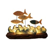 Table Ornament Featuring Five Patterned Fish Over Curved Surf Lighted Coastal Sculpture with Freestanding Woodgrain Footing for Vanity Alcove Placement Seaside Figurine Marine Ornament Beach