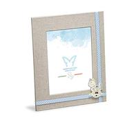 Table Photo Frame for Children cm 20x23,5 in Linen Fabric with Light Blue Decorations, Wooden Back Frame, Photo Size cm 13x18. Gift idea.