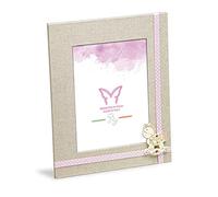 Table Photo Frame for Girls cm 20x23.5 in Linen Fabric with Pink Decorations, Wooden Back Frame, Photo Size cm 13x18. Gift idea.