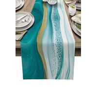 Table Runner 13x36 Inches Long Ombre Turquoise Teal Blue Wild Marble Art Cotton Linen Table Runner Burlap Style Farmhouse Table Runners for Dinner Table Party Decor Table Decorations