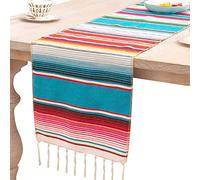 Table Runner 35×275cm Mexican Blanket Shiny Rainbow Stripes Woven Table Runner Fringe Cotton Tablecloth for Wedding, Festival, Party, Table Decoration
