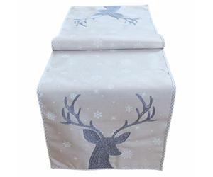Table Runner 40 x 140 cm Light Grey / White / Ice Blue Embroidery ‘Deer’ Christmas, Christmas Tablecloth Centrepiece, Table Decoration Tablecloth
