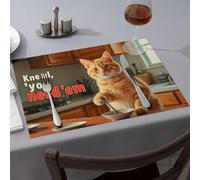 Table Runner A Cat In The Kitchen With A Bowl And Spoon Dining Place Mats Strawberry Rug Golden Girls Gifts(6PCS)