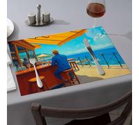 Table Runner A Man in A Blue Shirt and Hat Sits At an Outdoor Bar Overlooking The Ocean Dining Place Mats Strawberry Rug Easter Placemats(4PCS)