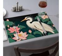 Table Runner A White Heron Stands Among Pink Lotus Flowers Dining Place Mats Table Cloth Kitchen And Dining(6PCS)