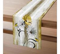 Table Runner Flowers in Yellow Mustard Yellow Turmeric, Modern Table Runner White Daisies Black Leaves Butterfly Summer Table Runner Decoration for Indoor Holiday Party Decor 40 x 180 cm