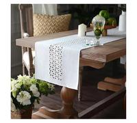 Table Runner Hollow Rectangle Double Solid Fabric Farmhouse Flat Perforation Home Runners for Dining Holiday 13 x72In for The Dining Table(White)
