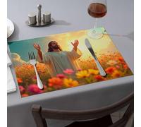 Table Runner Jesus Stands in A Field of Flowers, Arms Raised Towards The Sky Dining Place Mats Strawberry Rug Easter Placemats(6PCS)