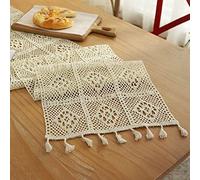 Table Runner Linen Table Runners Retro Rustic Off-White Crochet Flower Burlap Rectangle Table Setting Decor for Farmhouse Wedding Party Holiday Home Decor Christmas 33 x 160 cm
