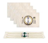 Table Runner Set Including 180cm Long Tablecloth with Tassels and 4PCS PVC Place Mats, Cotton Rustic Farmhouse Table Runner, Table Placemats Non-slip Heat Insulation for Kitchen Dinning Restaurant