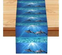 Table Runner Summer Spring Table Runner - 13x72 Inch Linen Dolphins In The Sea Tabletop Runners For Home Bridal Shower Party Kitchen Dining Decoration