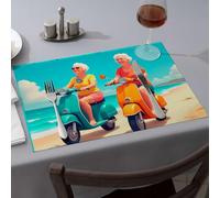 Table Runner Two Women Enjoying A Sunny Day On Scooters By The Beach Dining Place Mats Table Cloth Kitchen And Dining(4PCS)