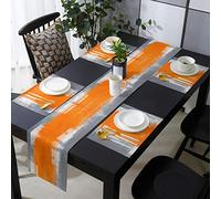 Table Runner with 6 Place Mats, Orange and Grey Abstract Art Texute Cotton-Linen Dining Mat Sets Heat Resistant Washable Placemat for Dining Table/Kitchen/Living Room/Office/Picnic 13x90 Inch