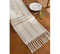 Table Runners 1pc Beige Boho Table Runner with Tassels Hand Woven Cotton Table Runner Rustic Farmhouse Table Runners for Kitchen Wedding Table(Beige Stripe A,30x160cm)