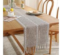 Table Runners Rustic Farmhouse Style Linen Table Runner, Boho Handmade Tassel, Embroidered Table Runners for Wedding, Party and Wedding Decor(Bruin,33x240cm)