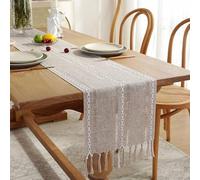 Table Runners Rustic Farmhouse Style Linen Table Runner, Boho Handmade Tassel, Embroidered Table Runners for Wedding, Party and Wedding Decor(Kaki,33x183cm)