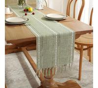 Table Runners Rustic Farmhouse Style Linen Table Runner, Boho Handmade Tassel, Embroidered Table Runners for Wedding, Party and Wedding Decor(Verde,33x183cm)
