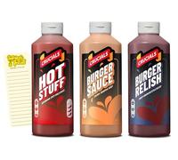 Table Sauce Bundle with Crucials Hot Stuff Sauce 500ml, Burger Sauce 500ml, Burger Relish 500ml and Intrinsic Treats Shopping List Card