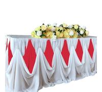 Table Skirt Chiffon Table Skirt With Diamond Brooch, Wedding Party Decor, 10 Ftx30 Inch, 1 Pc(White and Red)
