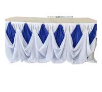 Table Skirt Chiffon Table Skirt With Diamond Brooch, Wedding Party Decor, 10 Ftx30 Inch, 1 Pc(White and Blue)