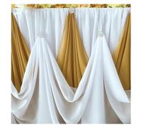 Table Skirt Chiffon Table Skirt With Diamond Brooch, Wedding Party Decor, 10 Ftx30 Inch, 1 Pc(White and Gold)