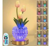 Table Tulip Flower Lamps,16 Colors Touch Stepless Dimming Crystal Night Light with Remote, Rechargeable Artificial Flower Light, LED Flower with Vase Lamp Romantic Decor (Pink Tulips - 3 Branches)