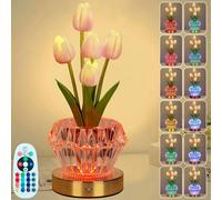 Table Tulip Flower Lamps,16 Colors Touch Stepless Dimming Crystal Night Light with Remote, Rechargeable Artificial Flower Light, LED Flower with Vase Lamp Romantic Decor (Pink Tulips - 5 Branches)