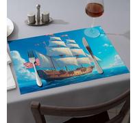Tablecloth A Large Sailing Ship with American Flag On The Ocean Dining Place Mats Summer Table Runner Rustic Home Decor(6PCS)